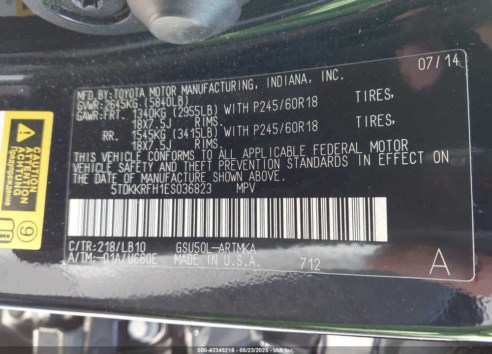 2014 TOYOTA HIGHLANDER XLE V6 VIN: 5TDKKRFH1ES036823