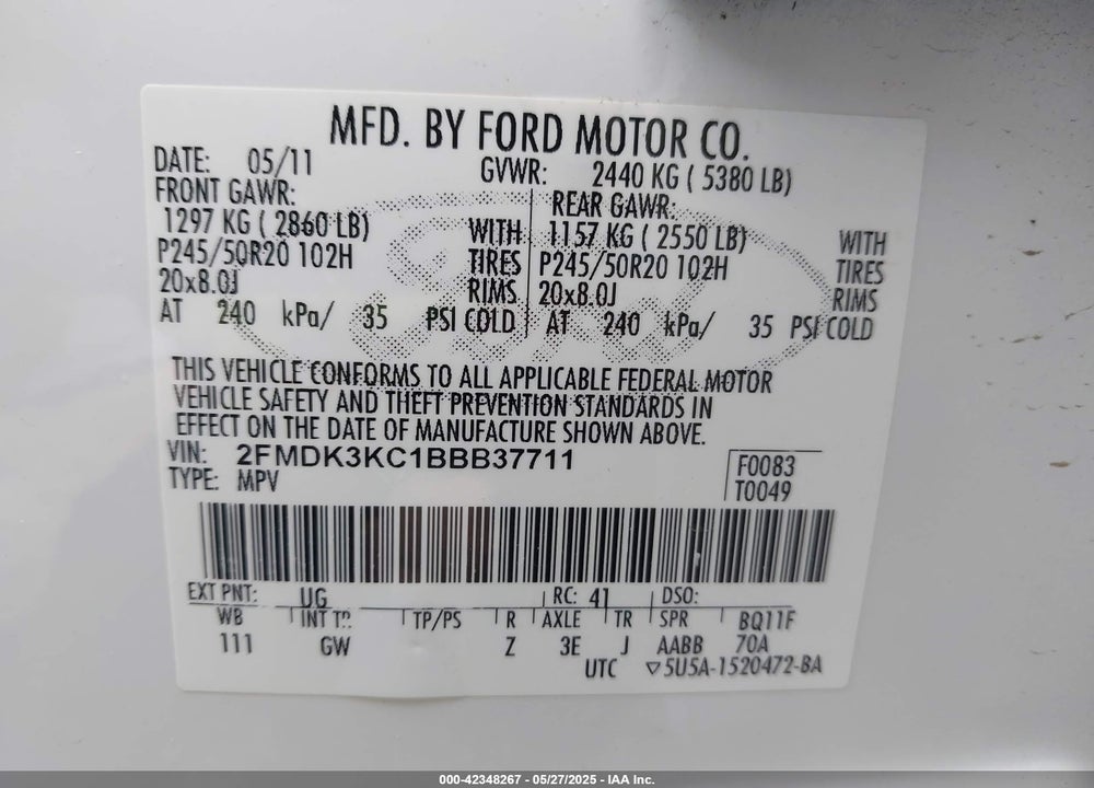 2011 FORD EDGE LIMITED VIN: 2FMDK3KC1BBB37711