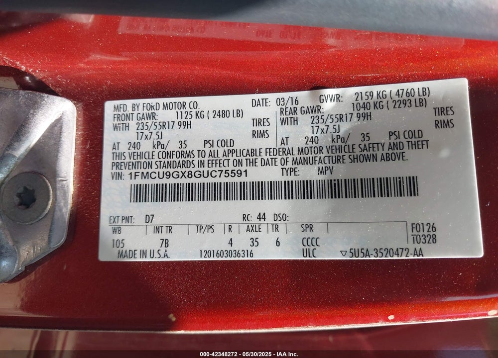 2016 FORD ESCAPE VIN: 1FMCU9GX8GUC75591