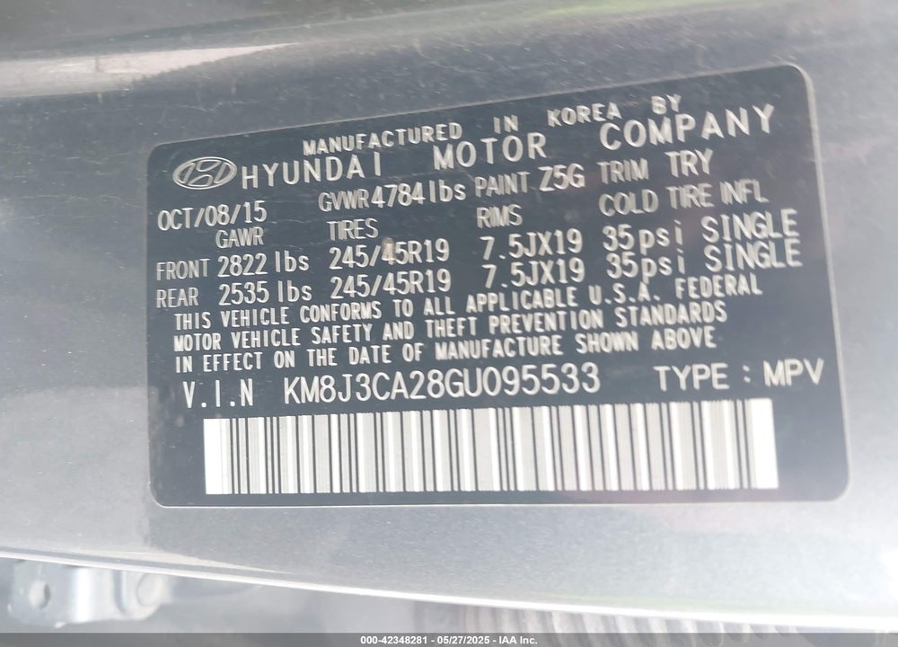 2016 HYUNDAI TUCSON SPORT VIN: KM8J3CA28GU095533