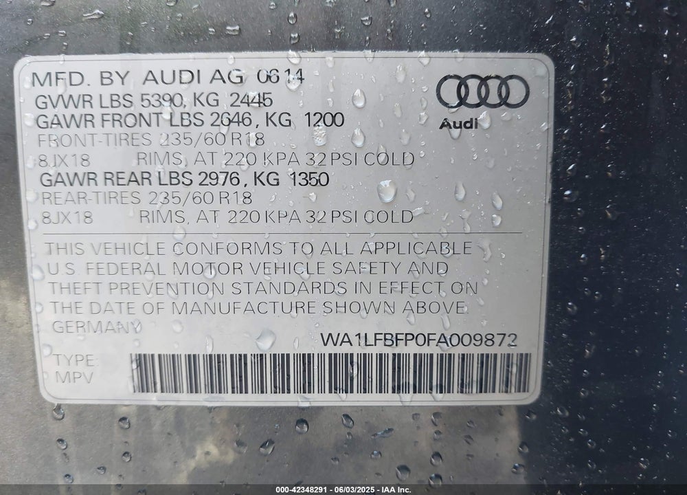 2015 AUDI Q5 2.0T PREMIUM VIN: WA1LFBFP0FA009872