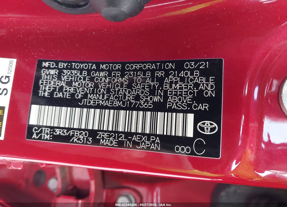 2021 TOYOTA COROLLA VIN: JTDEPMAE8MJ177365