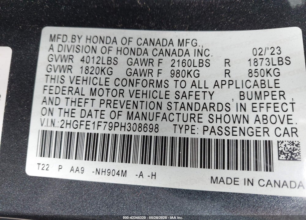 2023 HONDA CIVIC VIN: 2HGFE1F79PH308698