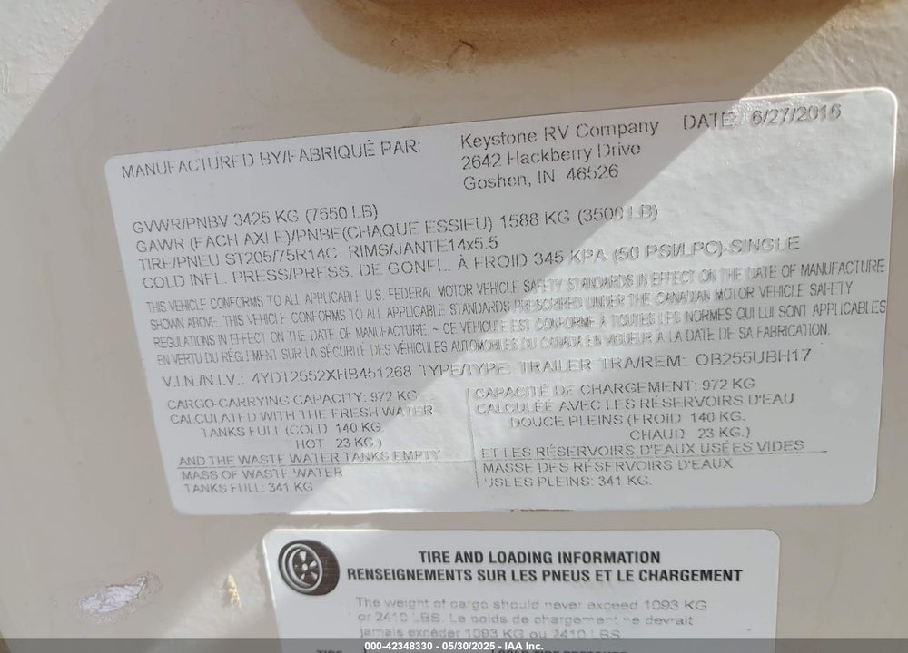 2017 PACE AMERICAN IN OUTBACK VIN: 4YDT2552XHB451268
