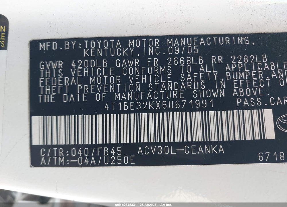 2006 TOYOTA CAMRY LE/SE/STD/XLE VIN: 4T1BE32KX6U671991