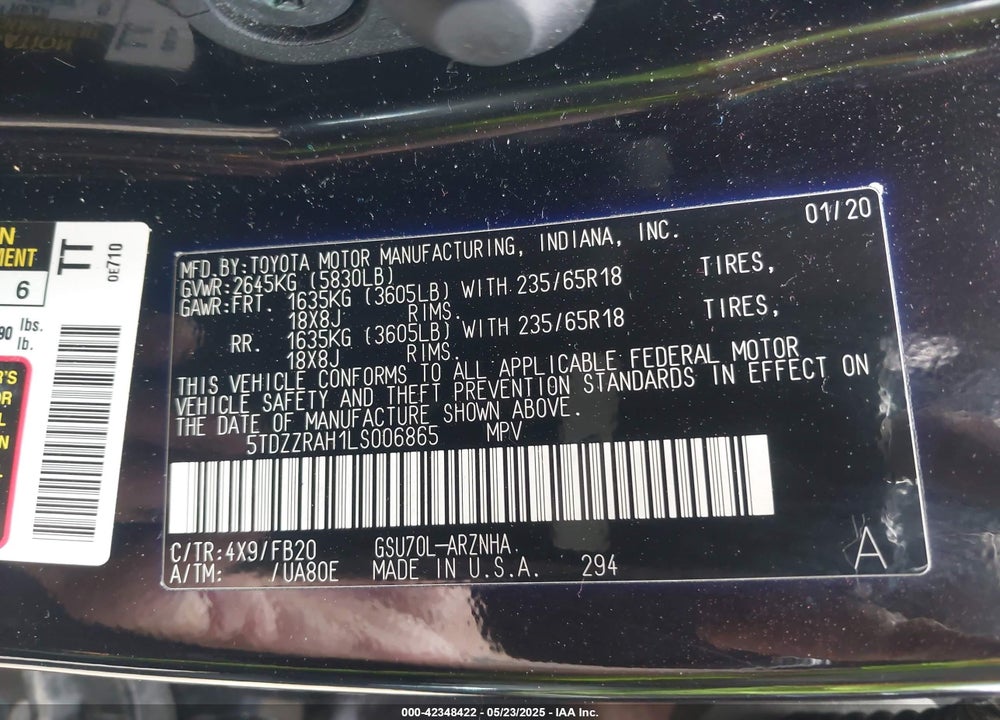 2020 TOYOTA HIGHLANDER LE VIN: 5TDZZRAH1LS006865