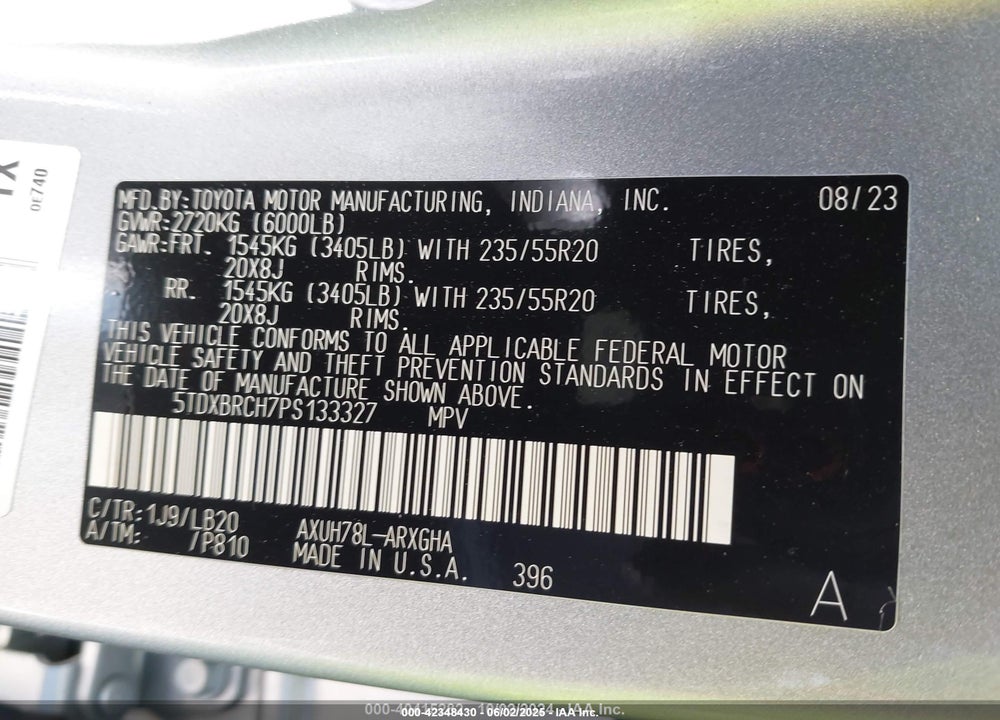 2023 TOYOTA HIGHLANDER HYBRID LIMITED VIN: 5TDXBRCH7PS133327