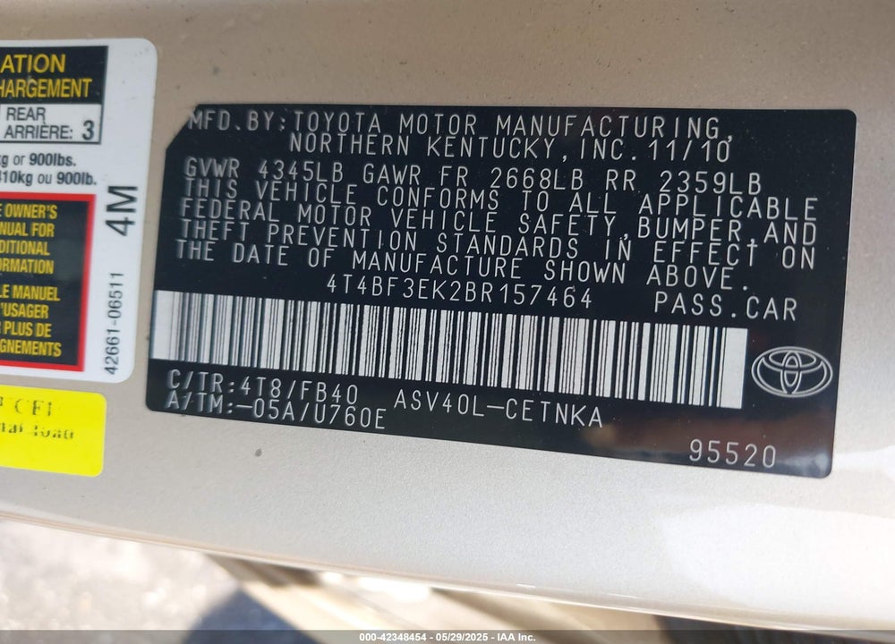 2011 TOYOTA CAMRY VIN: 4T4BF3EK2BR157464