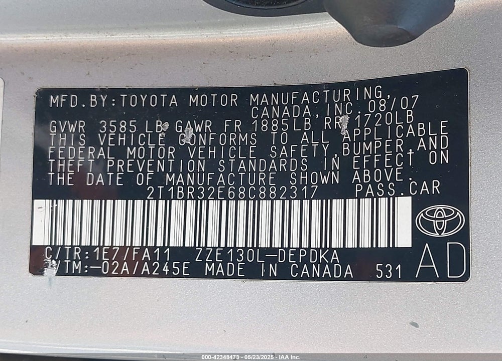 2008 TOYOTA COROLLA VIN: 2T1BR32E68C882317