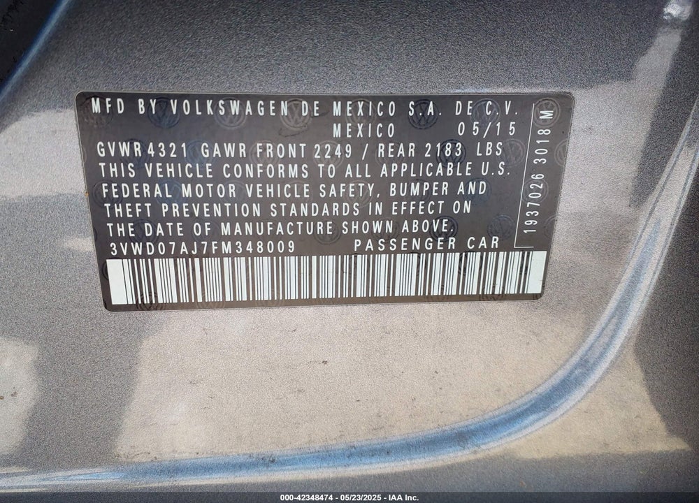 2015 VOLKSWAGEN JETTA 1.8T SE VIN: 3VWD07AJ7FM348009