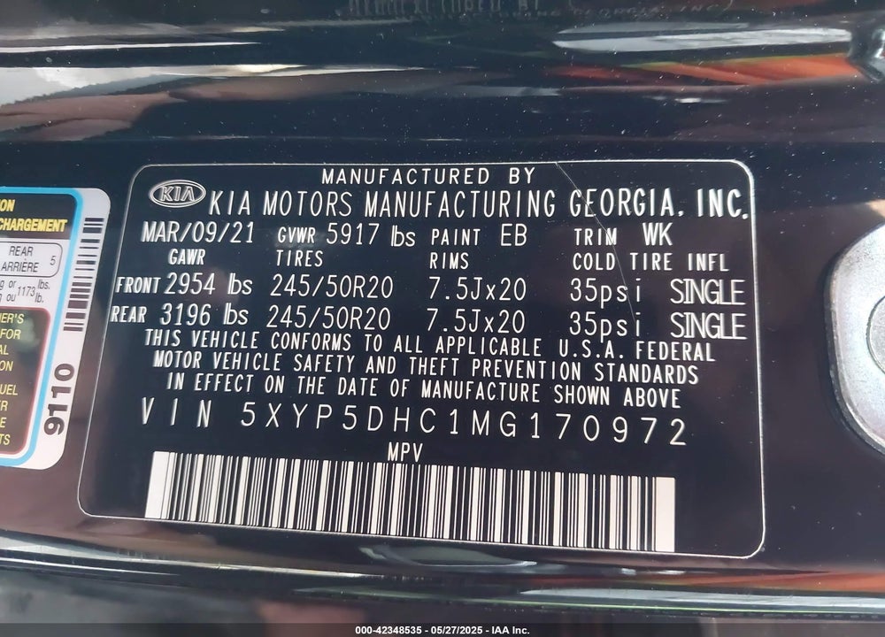 2021 KIA TELLURIDE VIN: 5XYP5DHC1MG170972