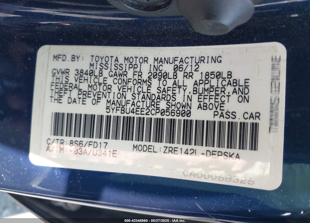 2012 TOYOTA COROLLA VIN: 5YFBU4EE2CP056900