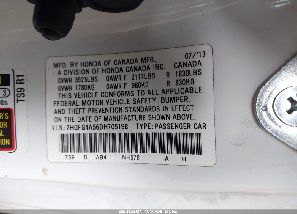 2013 HONDA CIVIC VIN: 2HGFG4A56DH705198