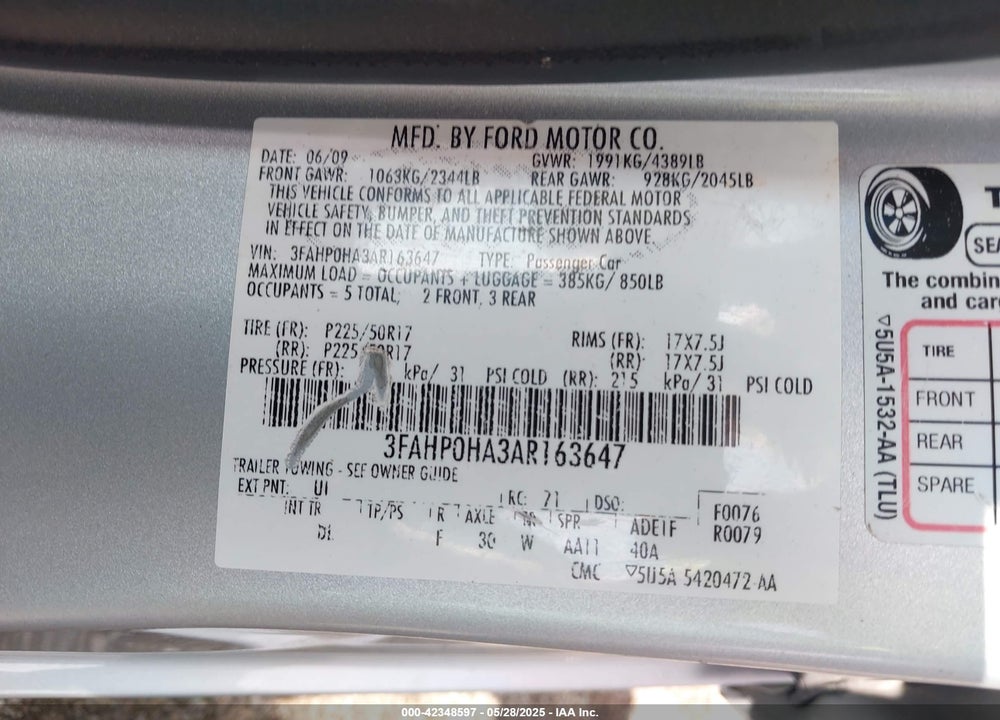 2010 FORD FUSION SE VIN: 3FAHP0HA3AR163647