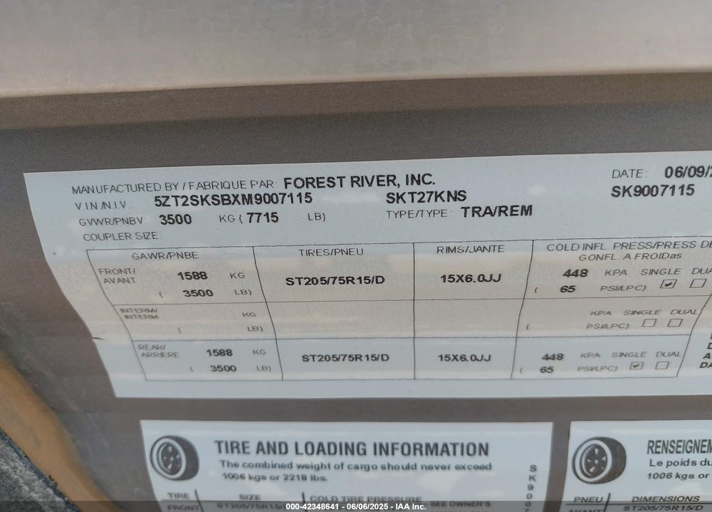 2021 FOREST RIVER SILVER LAKE TRAVEL TRAILER 31' VIN: 5ZT2SKSBXM9007115