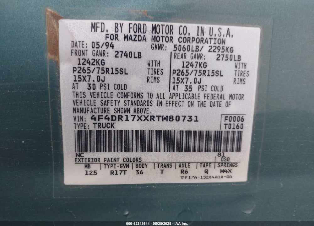 1994 MAZDA B4000 CAB PLUS VIN: 4F4DR17XXRTM80731
