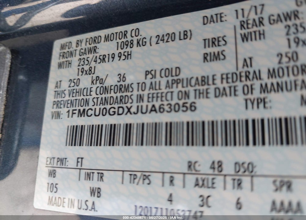 2018 FORD ESCAPE VIN: 1FMCU0GDXJUA63056