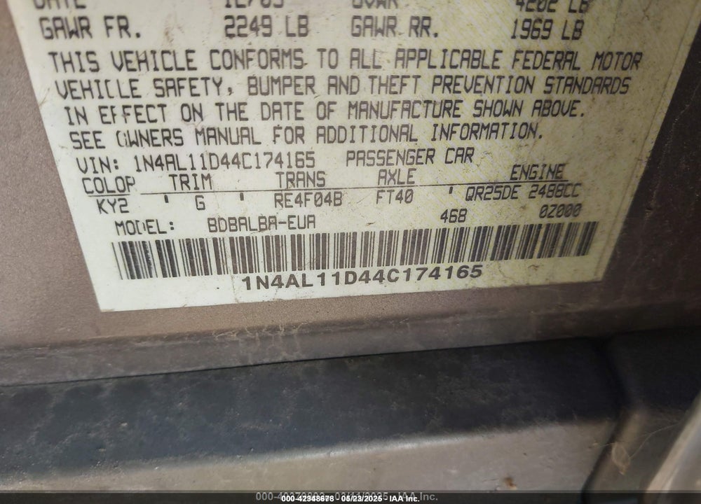 2004 NISSAN ALTIMA 2.5 S VIN: 1N4AL11D44C174165