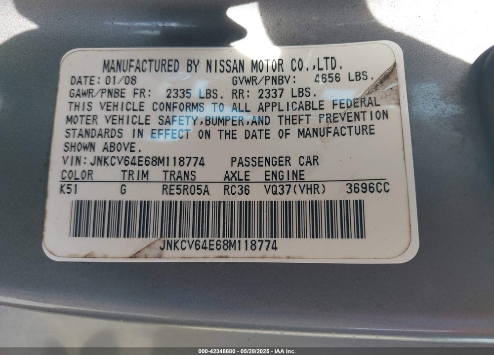 2008 INFINITI G37 JOURNEY VIN: JNKCV64E68M118774