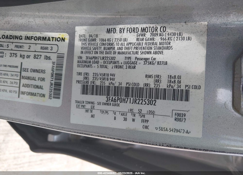 2018 FORD FUSION SE VIN: 3FA6P0H71JR225302