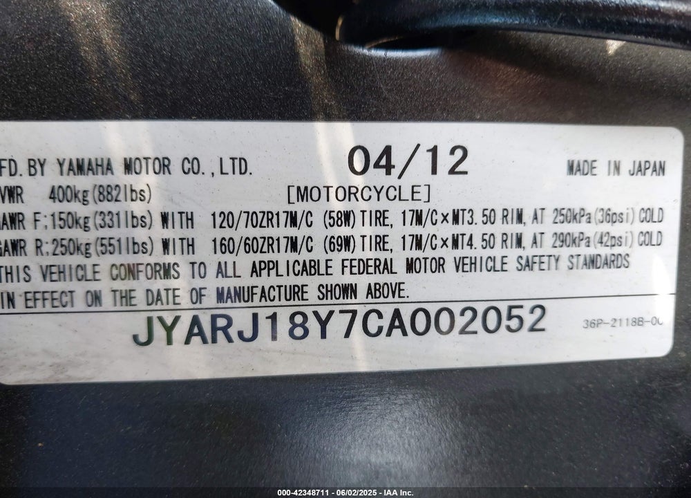 2012 YAMAHA FZ6 VIN: JYARJ18Y7CA002052