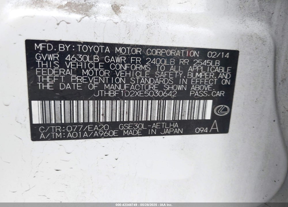 2014 LEXUS IS250 VIN: JTHBF1D2XE5030642