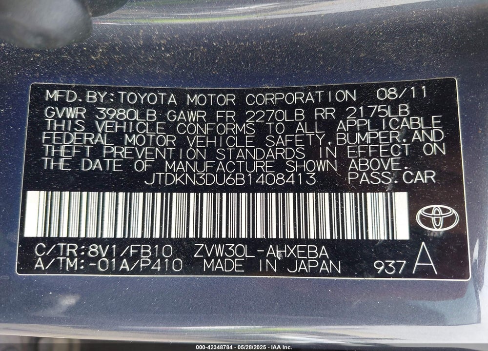 2011 TOYOTA PRIUS VIN: JTDKN3DU6B1408413
