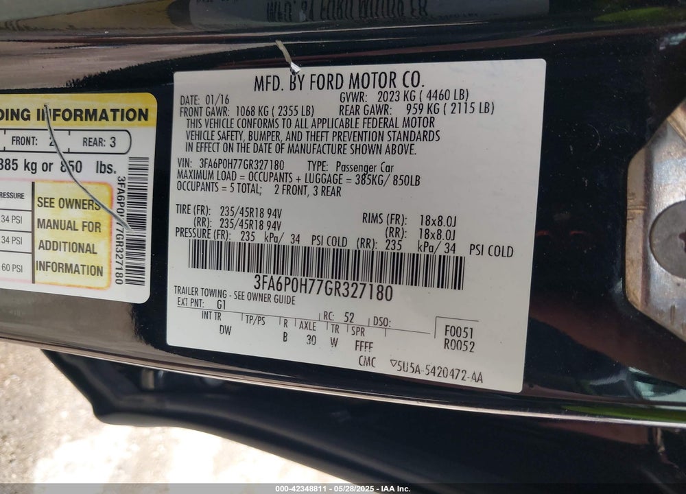 2016 FORD FUSION VIN: 3FA6P0H77GR327180