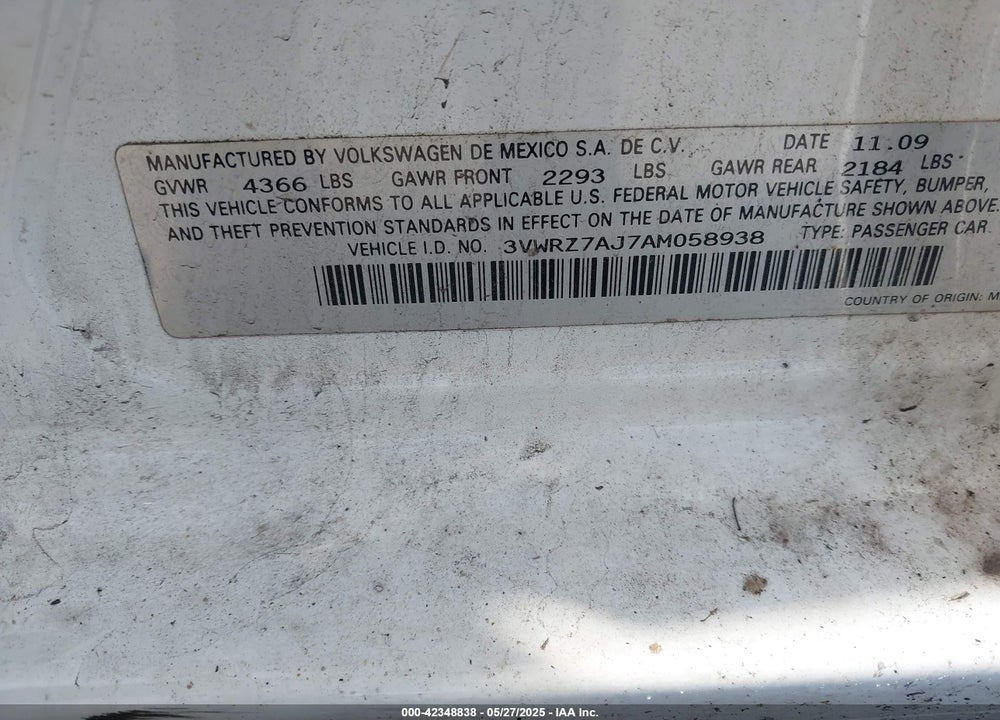 2010 VOLKSWAGEN JETTA VIN: 3VWRZ7AJ7AM058938