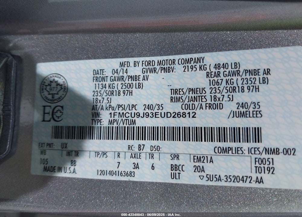 2014 FORD ESCAPE TITANIUM VIN: 1FMCU9J93EUD26812