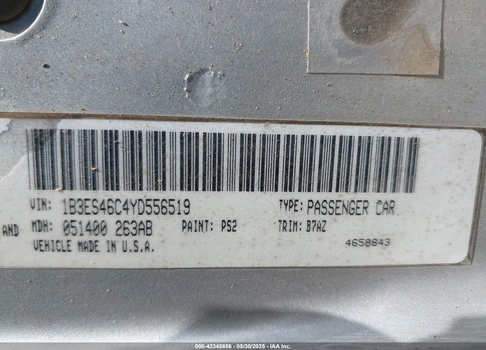 2000 DODGE NEON HIGHLINE VIN: 1B3ES46C4YD556519