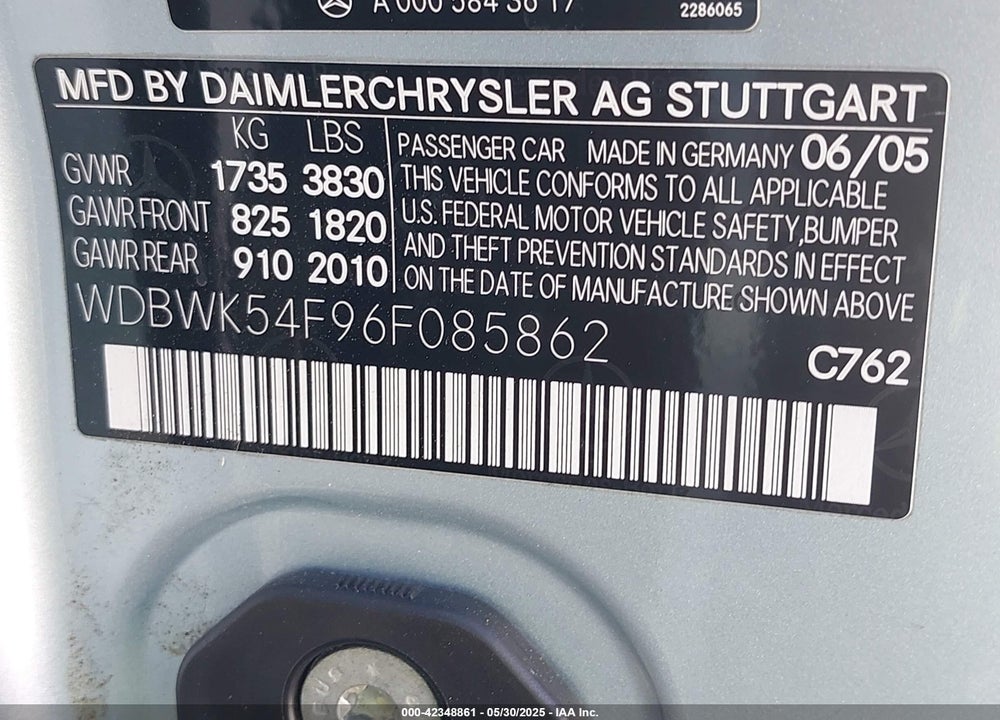 2006 MERCEDES-BENZ SLK 280 VIN: WDBWK54F96F085862