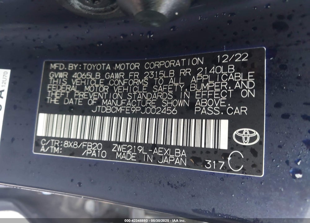 2023 TOYOTA COROLLA VIN: JTDBCMFE9PJ002456