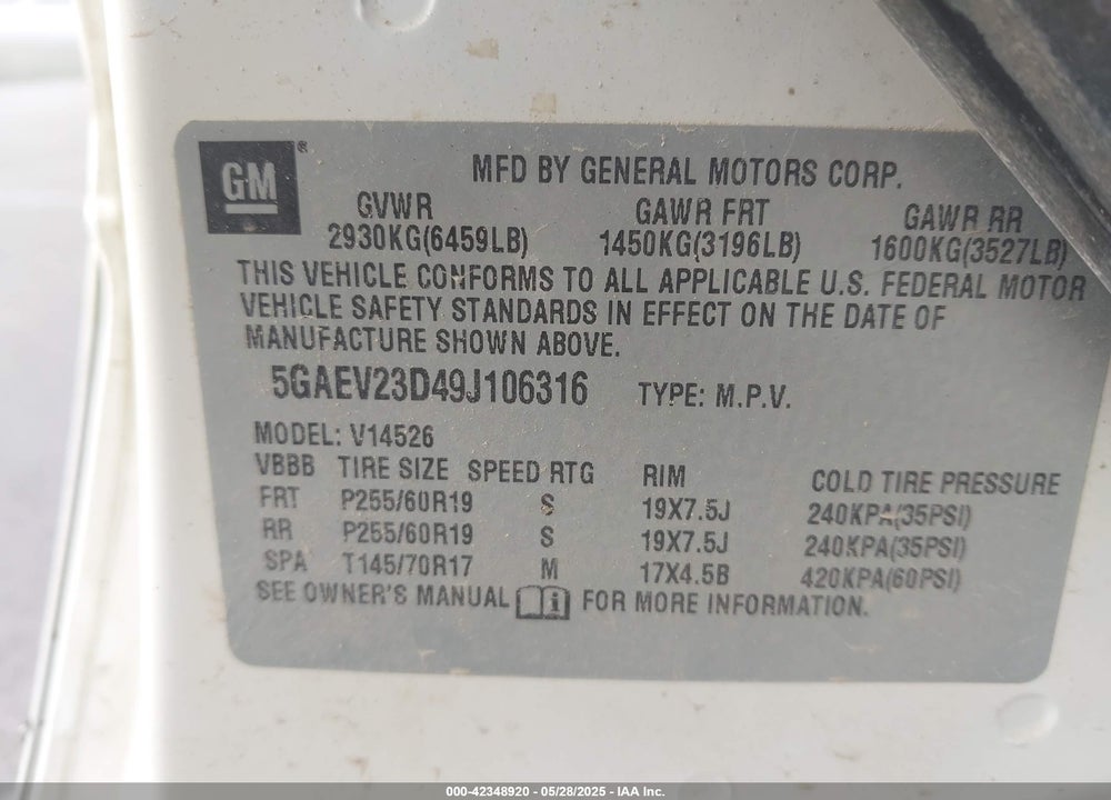 2009 BUICK ENCLAVE CXL VIN: 5GAEV23D49J106316