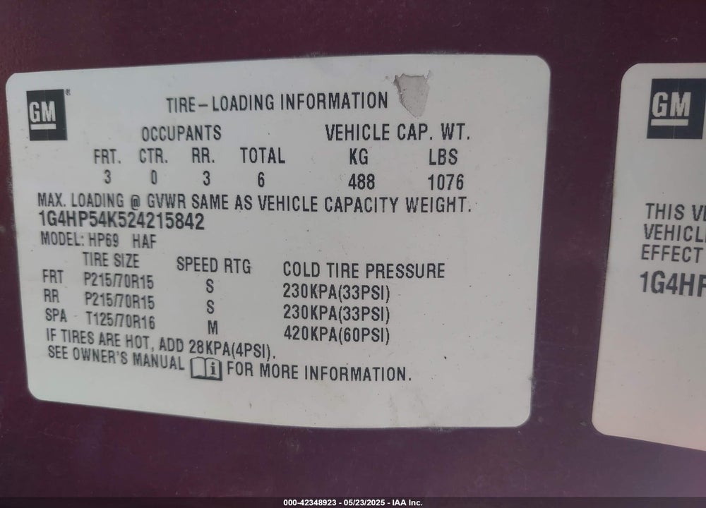 2002 BUICK LESABRE CUSTOM VIN: 1G4HP54K524215842