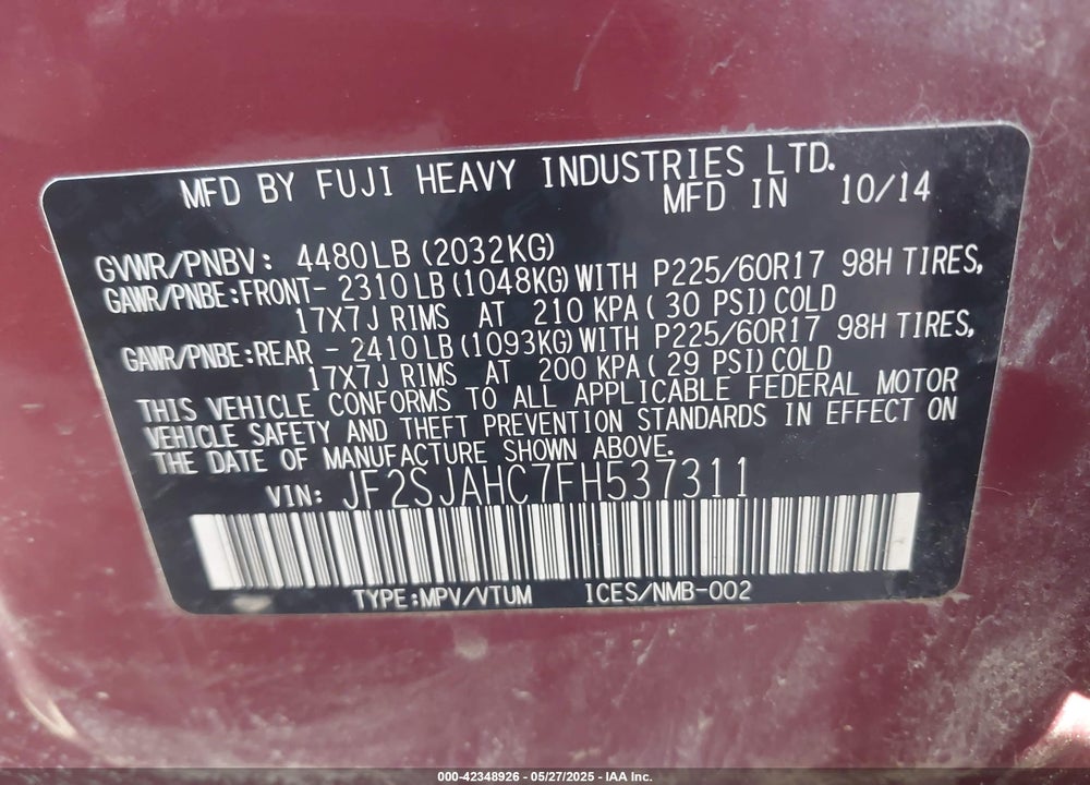 2015 SUBARU FORESTER 2.5I LIMITED VIN: JF2SJAHC7FH537311