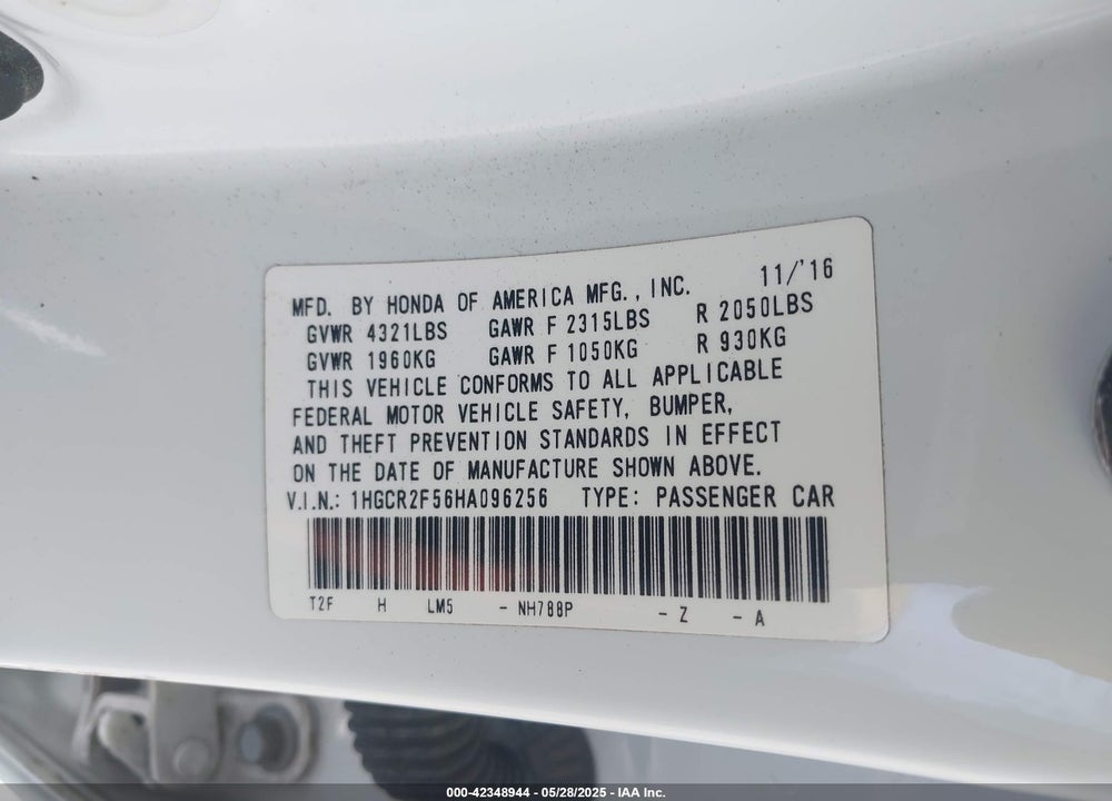 2017 HONDA ACCORD SPORT VIN: 1HGCR2F56HA096256