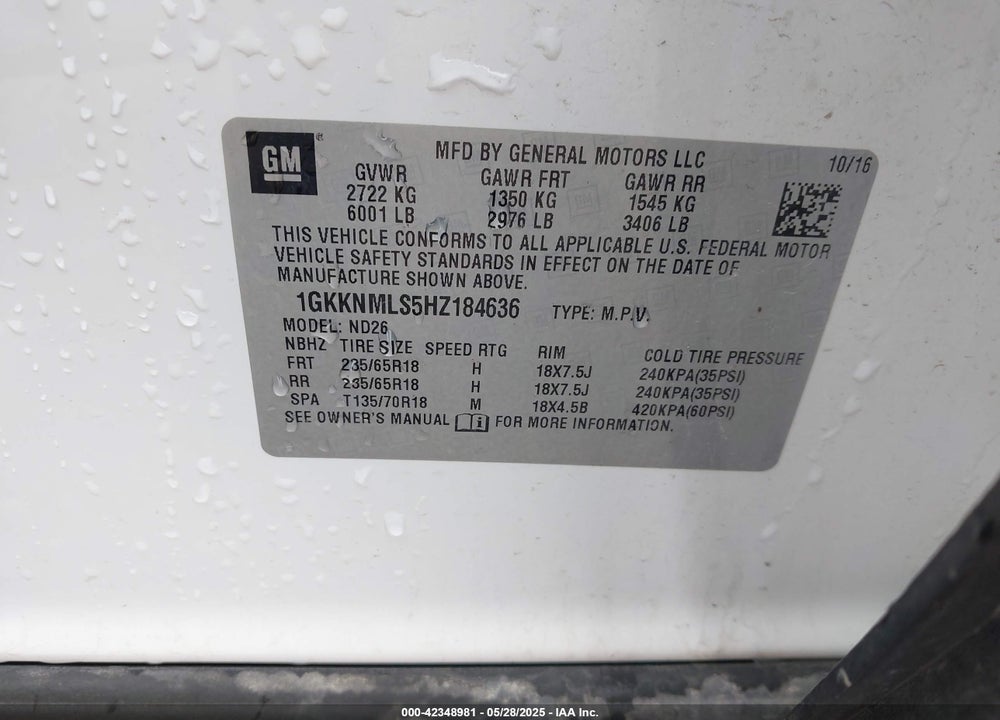 2017 GMC ACADIA VIN: 1GKKNMLS5HZ184636