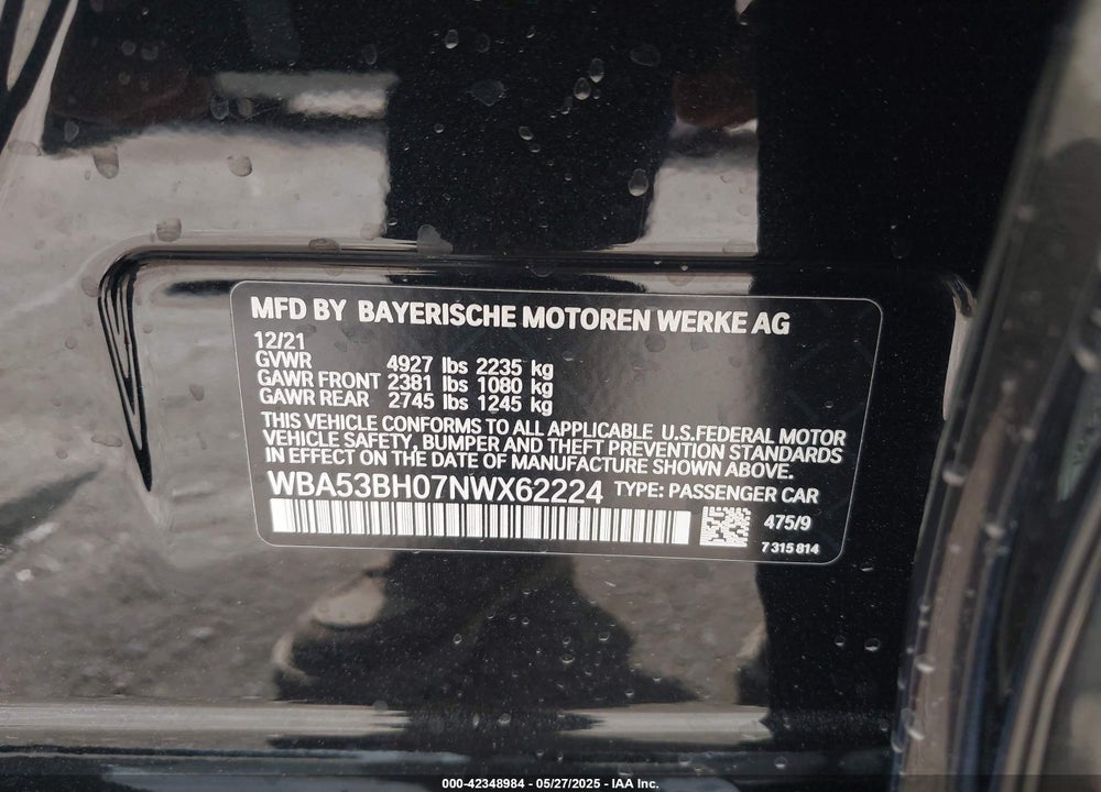 2022 BMW 530 VIN: WBA53BH07NWX62224