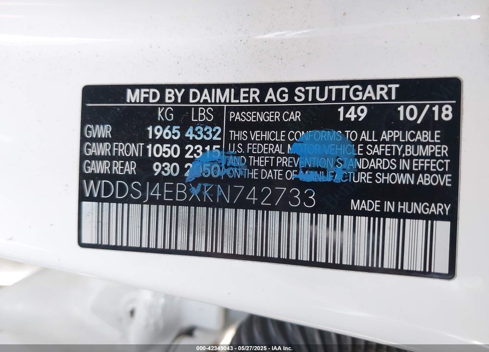 2019 MERCEDES-BENZ CLA-CLASS VIN: WDDSJ4EBXKN742733