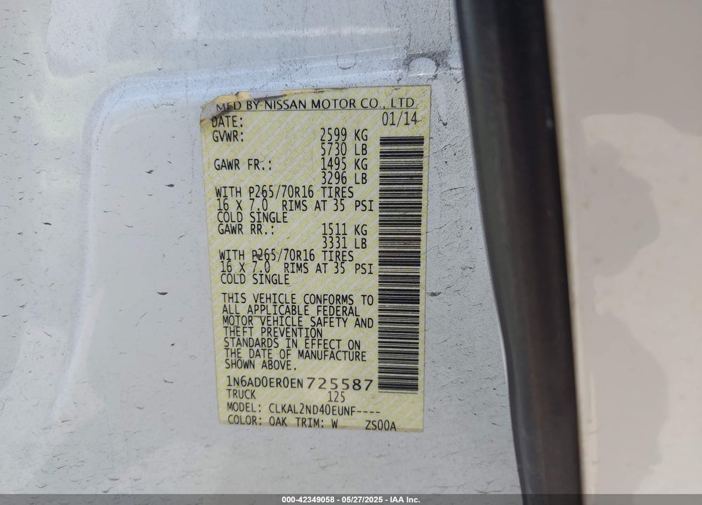 2014 NISSAN FRONTIER VIN: 1N6AD0ER0EN725587
