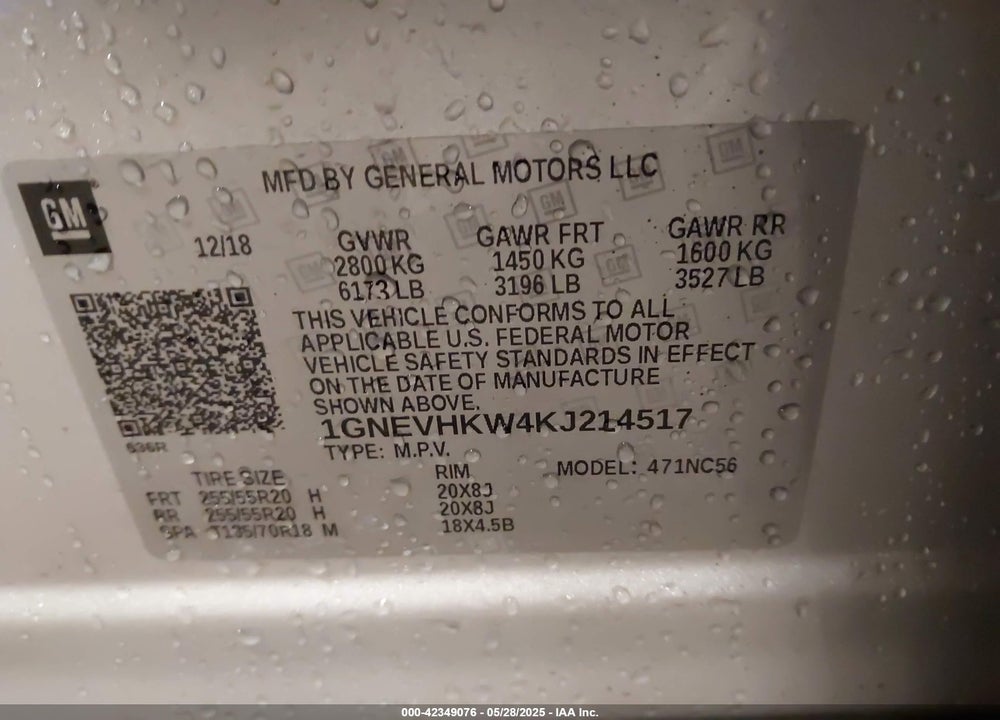 2019 CHEVROLET TRAVERSE VIN: 1GNEVHKW4KJ214517
