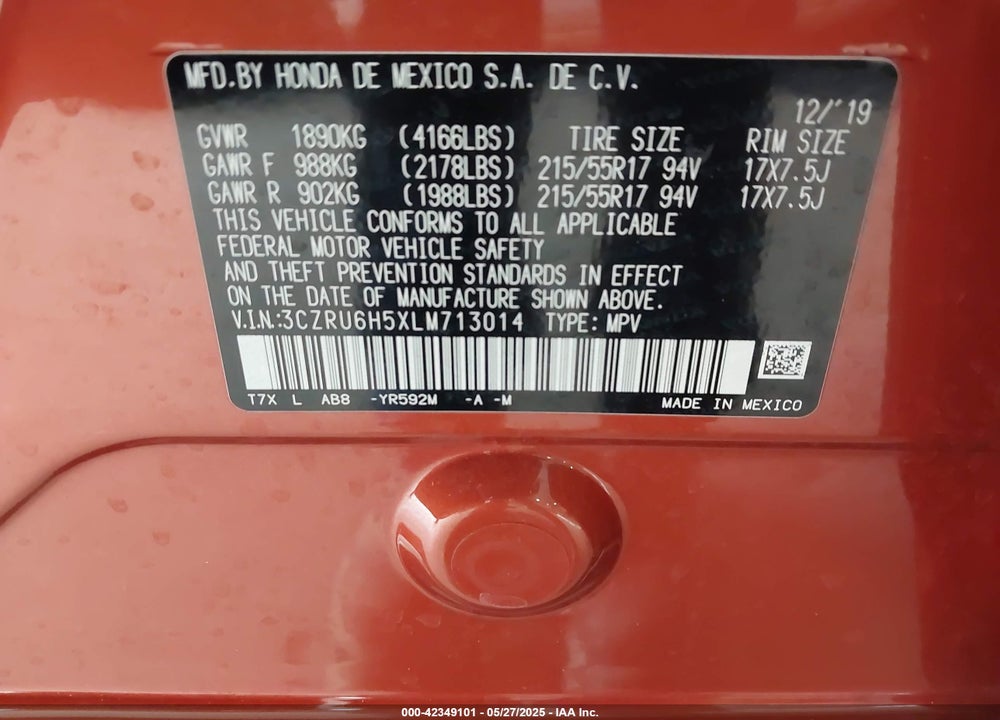 2020 HONDA HR-V VIN: 3CZRU6H5XLM713014