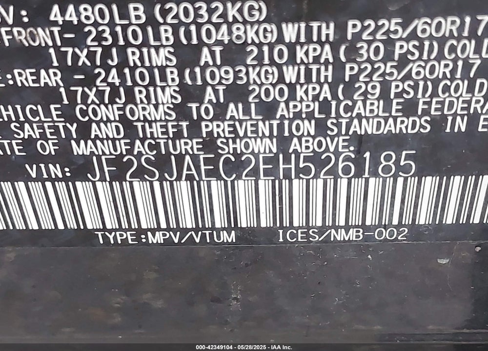 2014 SUBARU FORESTER VIN: JF2SJAEC2EH526185