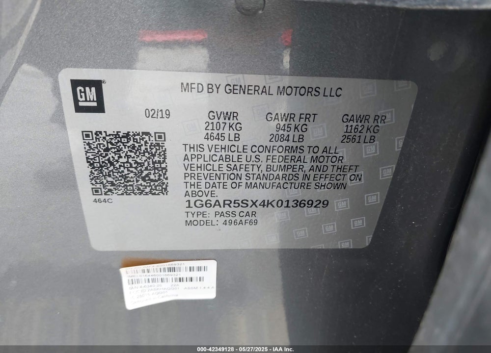 2019 CADILLAC CTS LUXURY VIN: 1G6AR5SX4K0136929