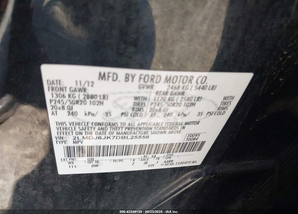2013 LINCOLN MKX VIN: 2LMDJ6JK7DBL25556