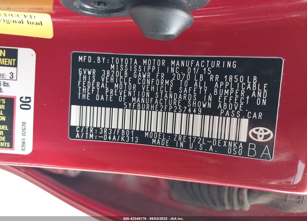 2015 TOYOTA COROLLA L/LE/LE PLUS/LE PREMIUM/S/S PLUS/S PREMIUM VIN: 5YFBURHE2FP257449