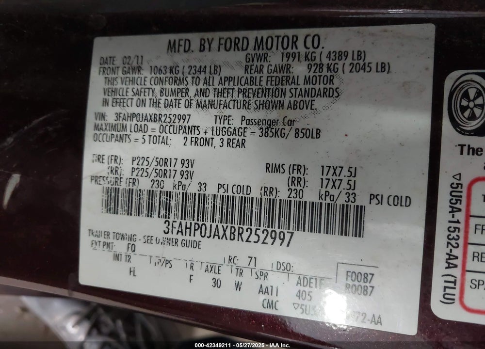 2011 FORD FUSION VIN: 3FAHP0JAXBR252997