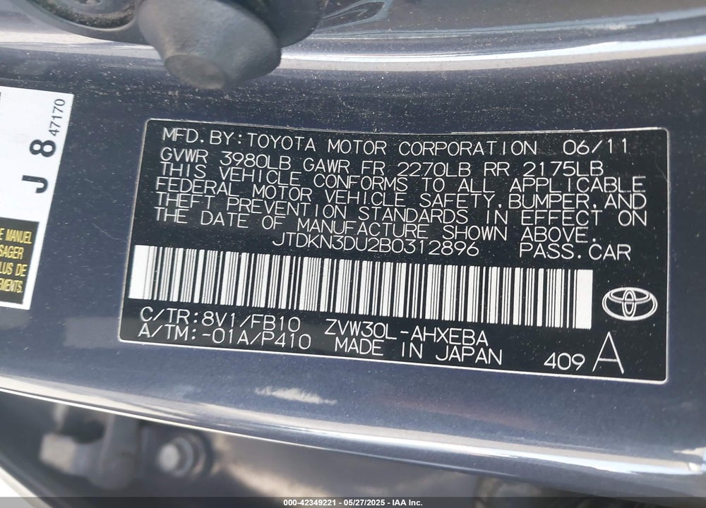 2011 TOYOTA PRIUS VIN: JTDKN3DU2B0312896