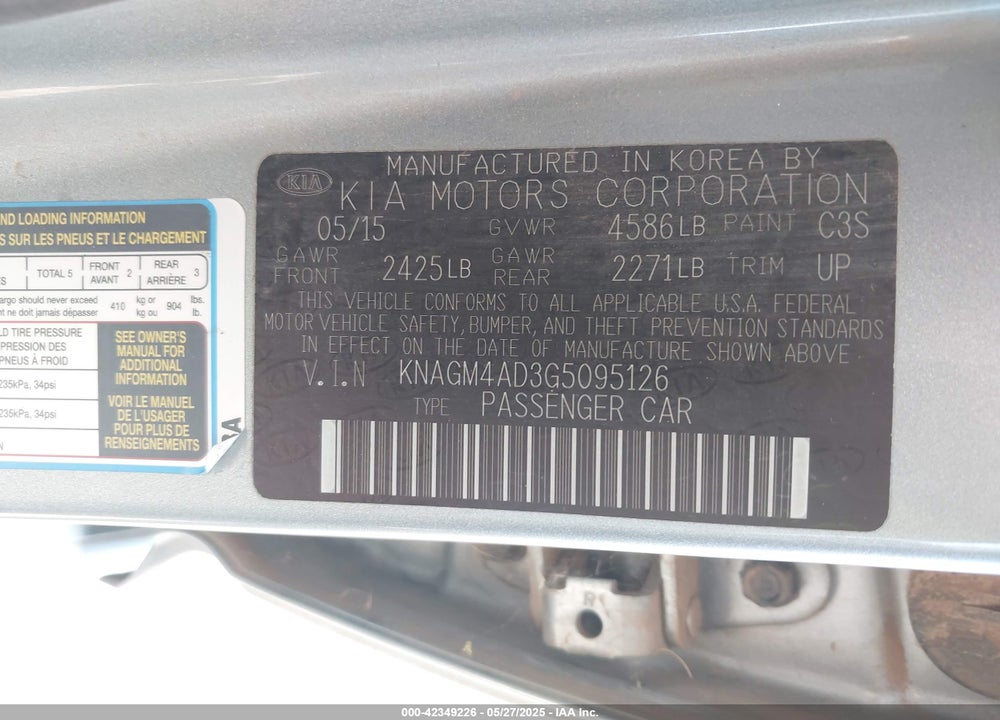 2016 KIA OPTIMA HYBRID VIN: KNAGM4AD3G5095126